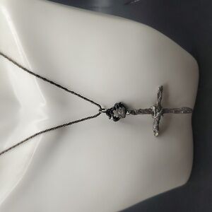N2837‎ antique sterling silver solid cross necklace w solid silver chain